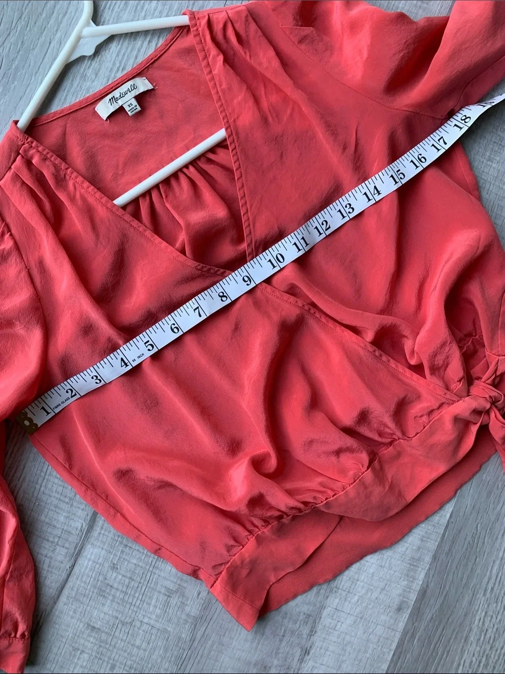 Madewell Coral-Red Silk Wrap Blouse with Tie Waist, Size XS.